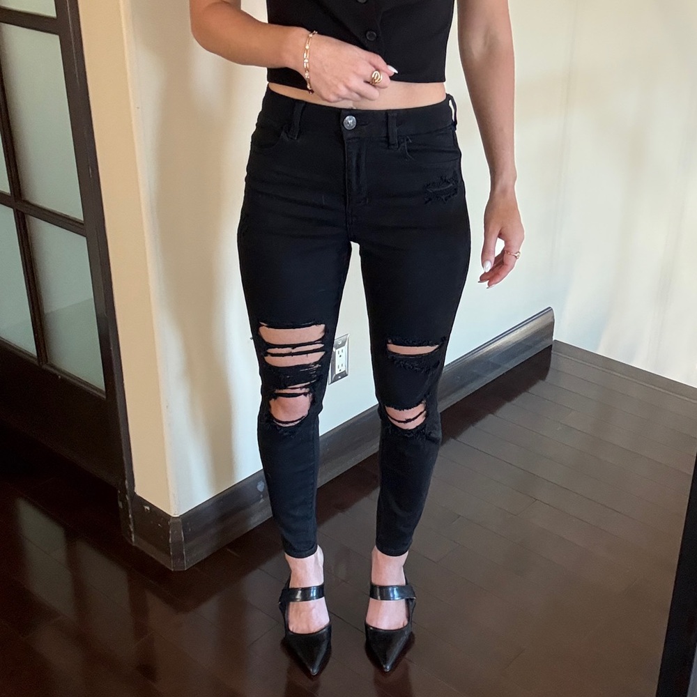 American Eagle Outfitters Black Ripped Skinny Jeans high stretch